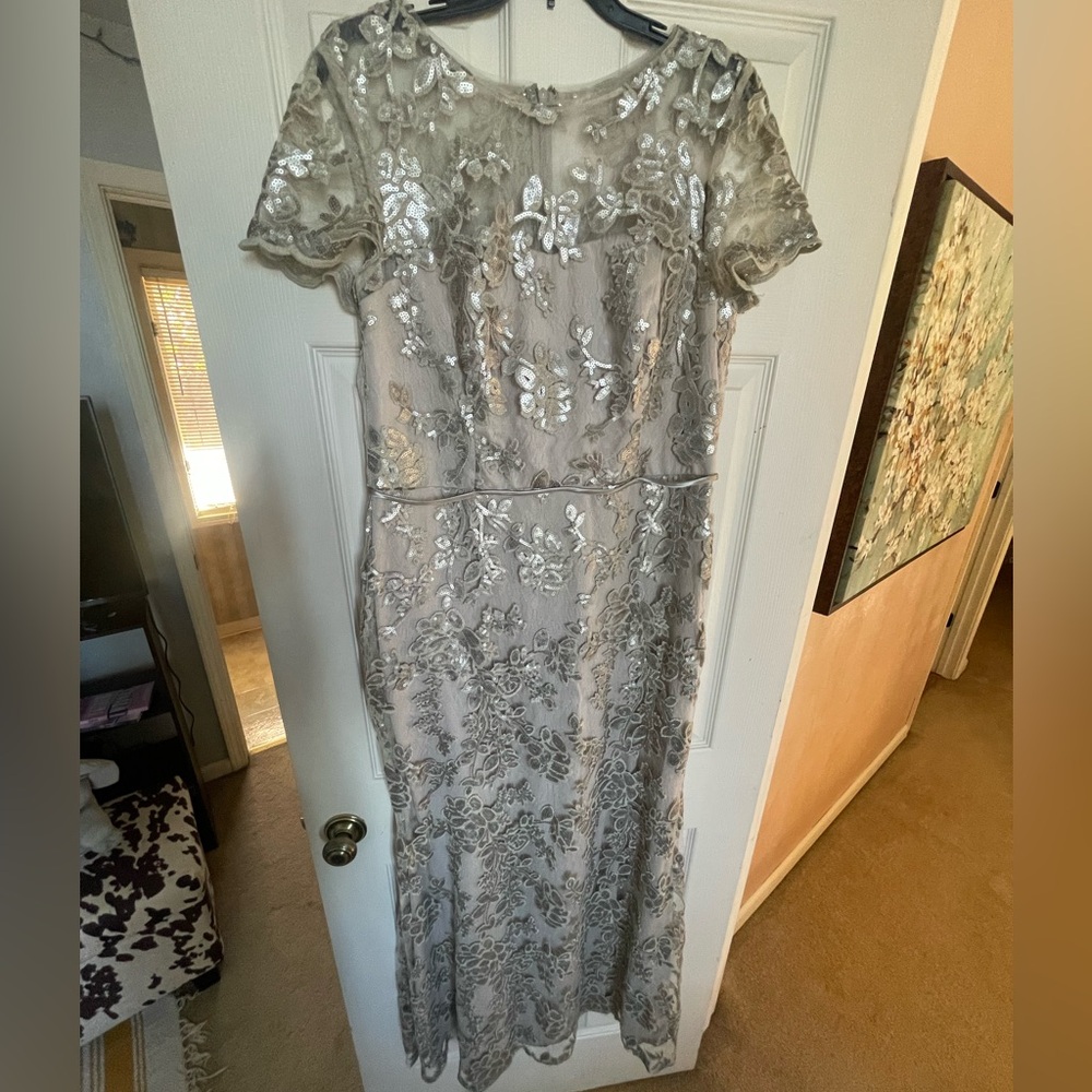 Silver Champagne Floral Lace formal dress